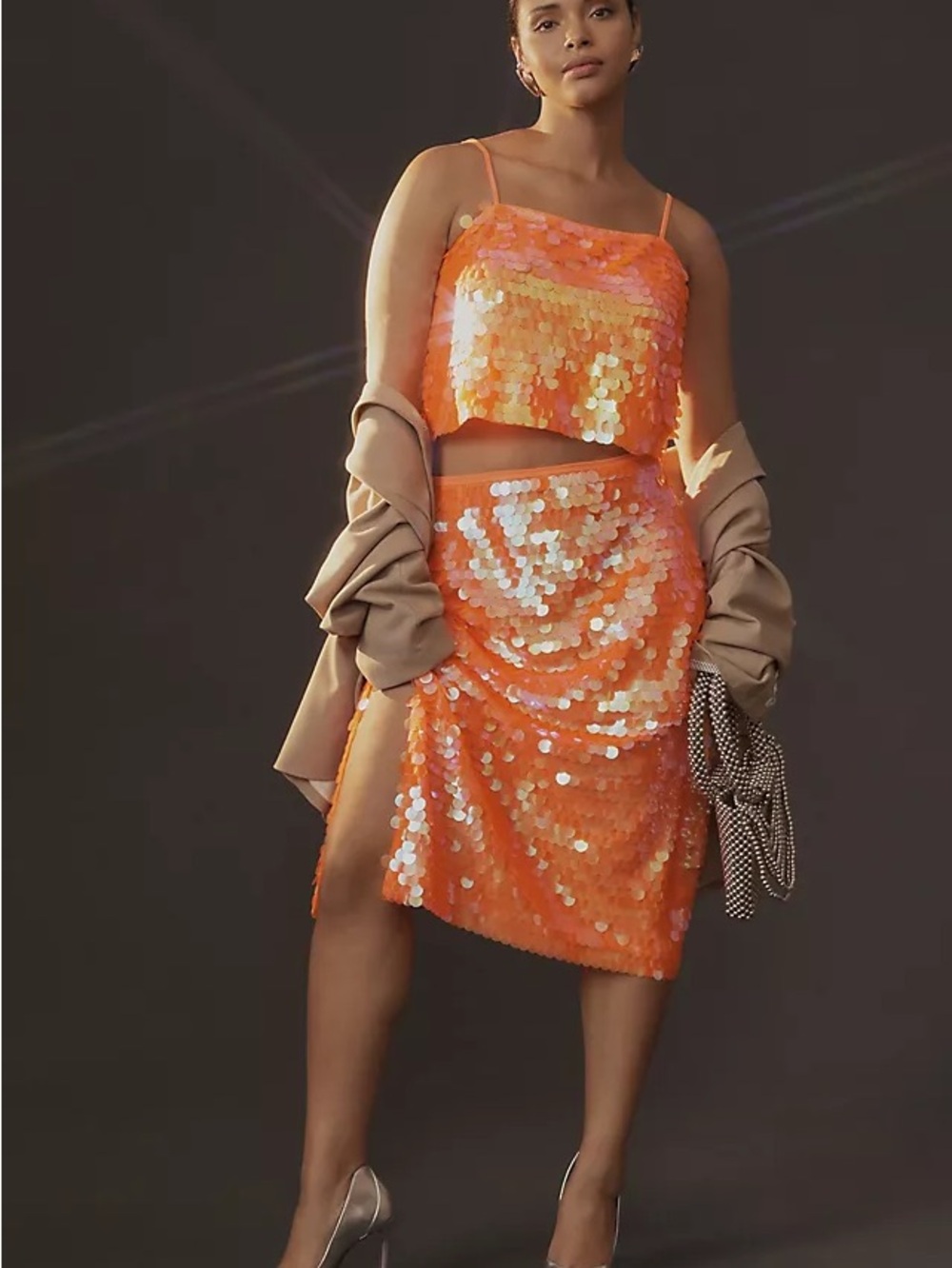 Anthropologie Orange Sequin Set Midi Skirt and Top NWT